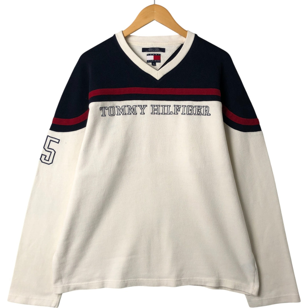 90'S Tommy Hilfiger V-neck cotton knit sweater, men's size XL cotton navy blue type Vintage Second Hand
