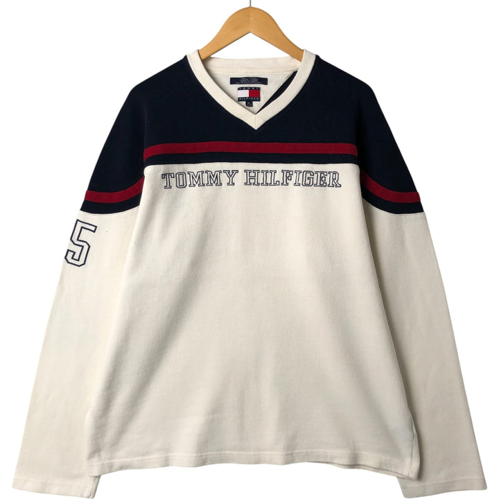 90'S Tommy Hilfiger V-neck cotton knit sweater, men's size XL cotton navy blue type Vintage Second Hand