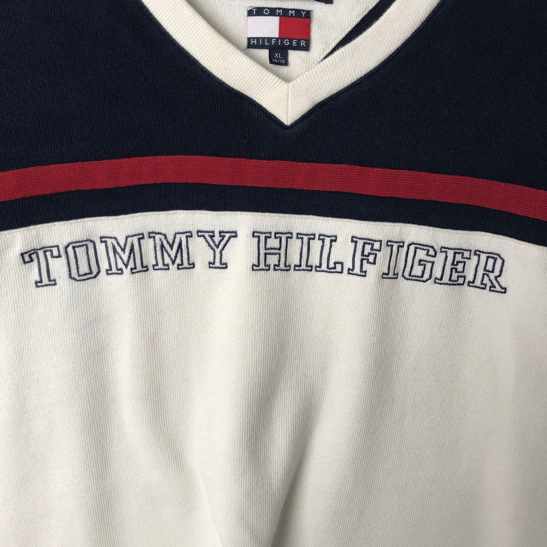 90'S Tommy Hilfiger V-neck cotton knit sweater, men's size XL cotton navy blue type Vintage Second Hand