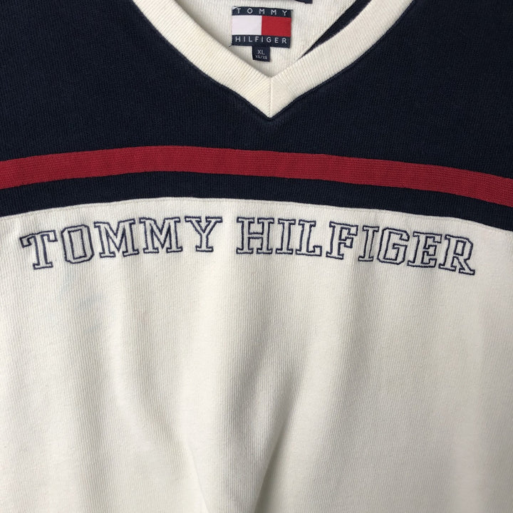 90'S Tommy Hilfiger V-neck cotton knit sweater, men's size XL cotton navy blue type Vintage Second Hand