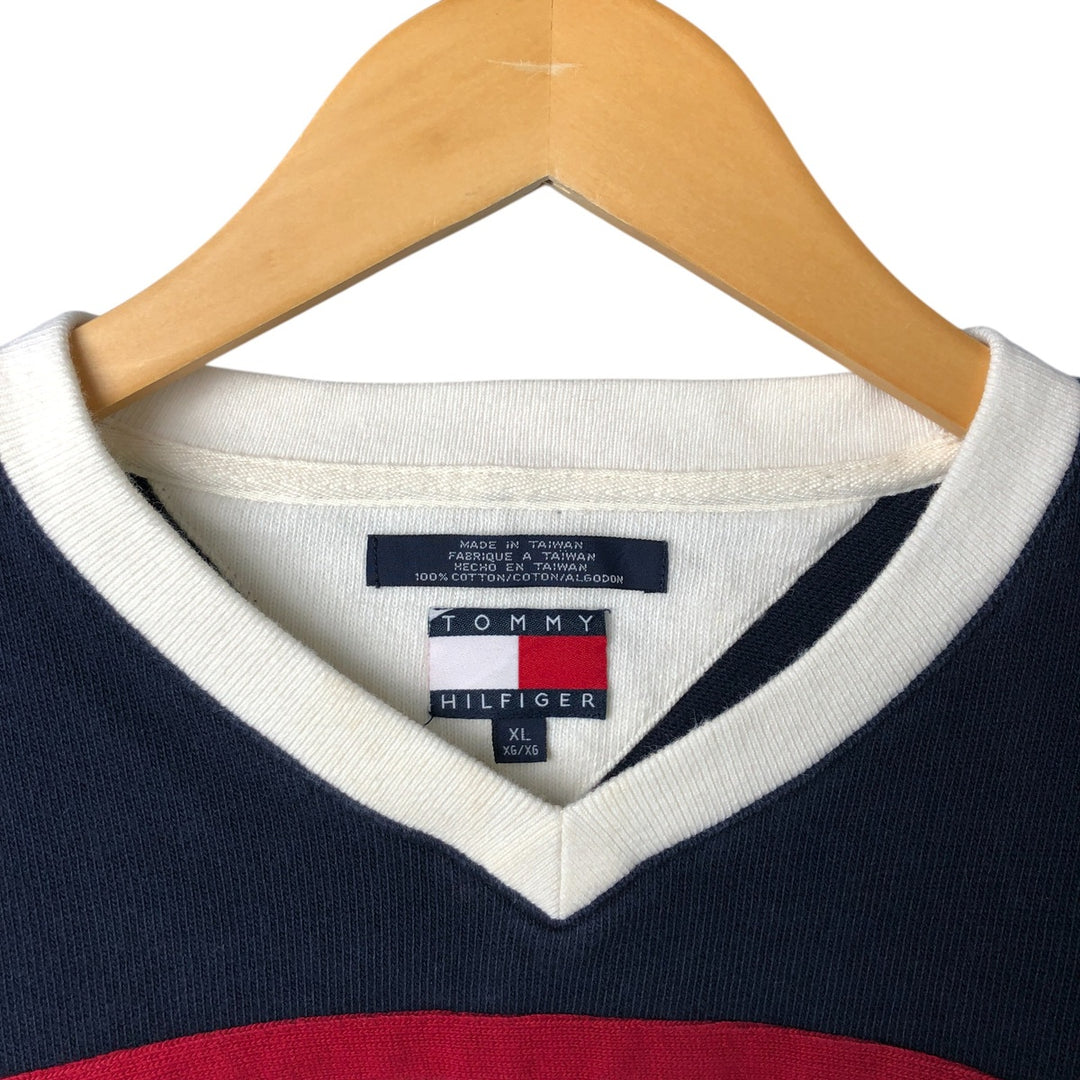90'S Tommy Hilfiger V-neck cotton knit sweater, men's size XL cotton navy blue type Vintage Second Hand