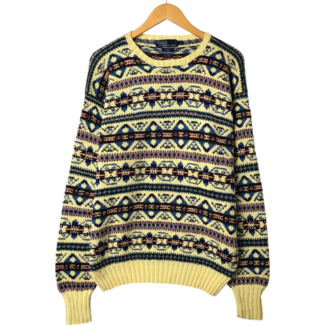 POLO by Ralph Lauren Fair Isle Pattern Hand Knit Cotton Sweater, Men's XL cotton yellow type Vintage Second Hand