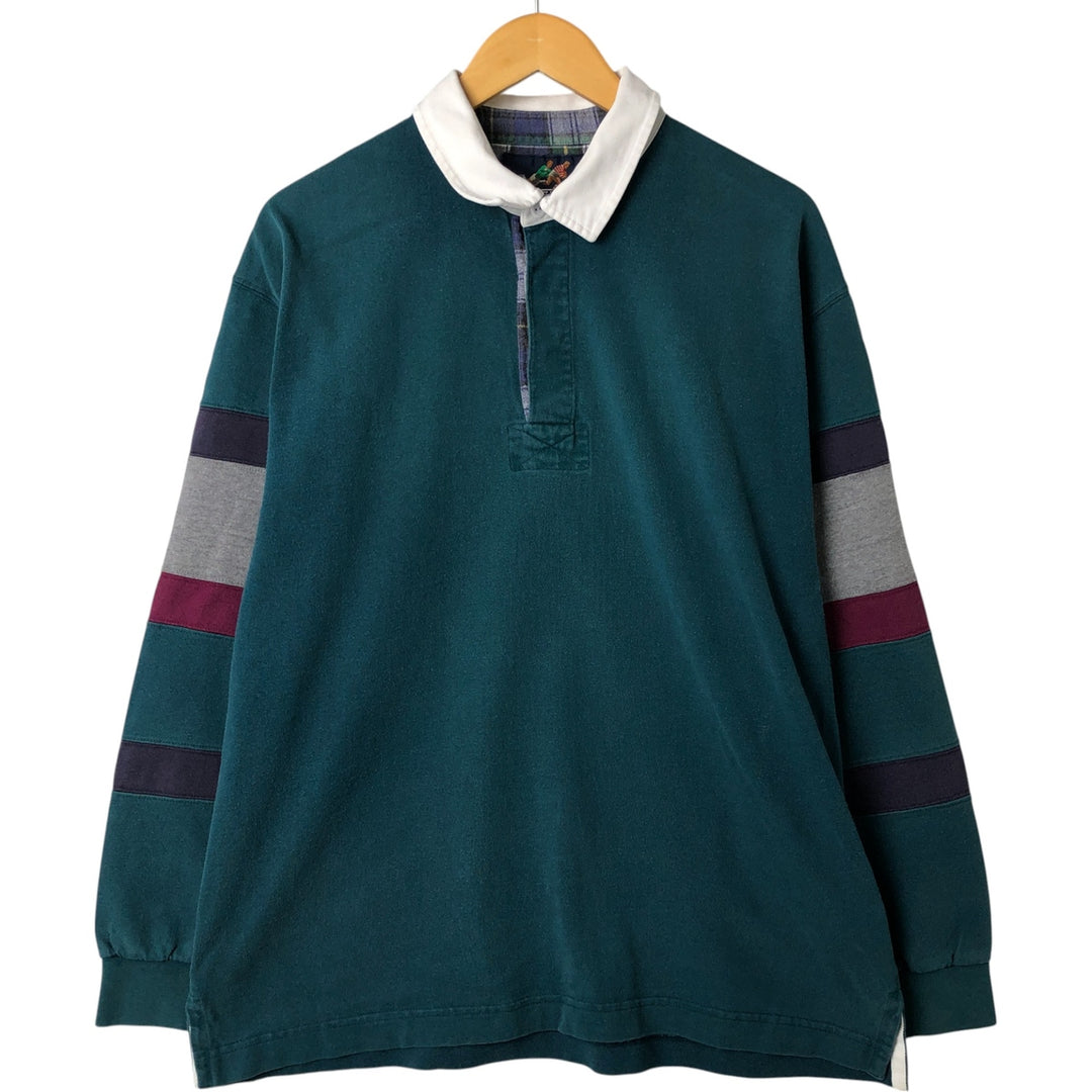 LANDS' END Long Sleeve Rugby Shirt, Men's Size L cotton green type Vintage Second Hand