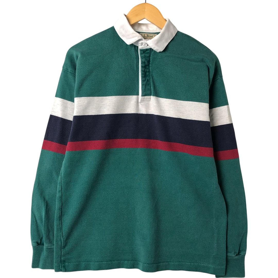 70s~80'S LLBean Border Pattern Long Sleeve Rugby Shirt Made in USA Men's M Size Vintage cotton green type Vintage Second Hand