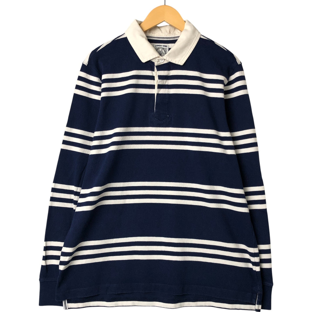 LANDS' END Border Pattern Long Sleeve Rugby Shirt, Men's Size L cotton blue type Vintage Second Hand