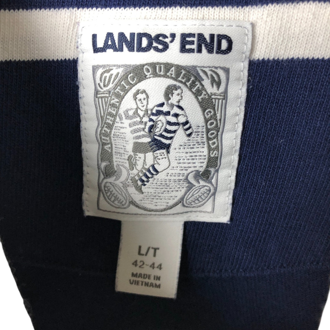 LANDS' END Border Pattern Long Sleeve Rugby Shirt, Men's Size L cotton blue type Vintage Second Hand