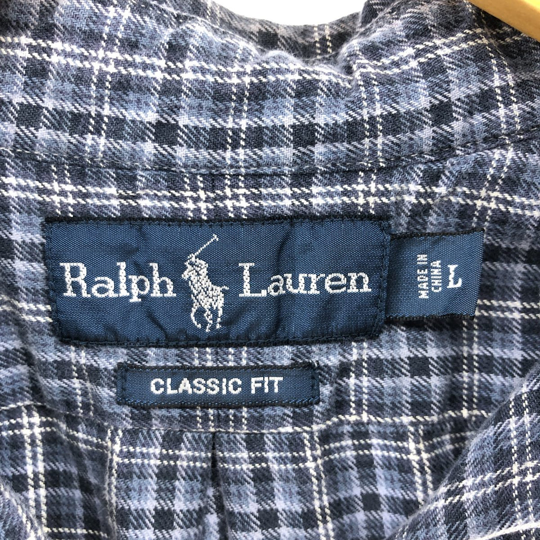 Ralph Lauren Classic Fit Long Sleeve Button Down Light Flannel Check Shirt, Men's Size L cotton blue type Vintage Second Hand