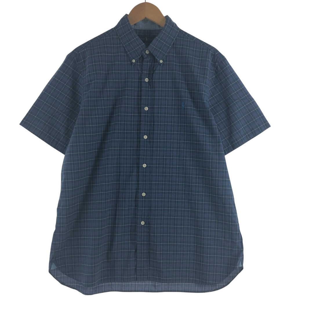 Ralph Lauren short sleeve button down check shirt, men's size L cotton navy blue type Vintage Second Hand