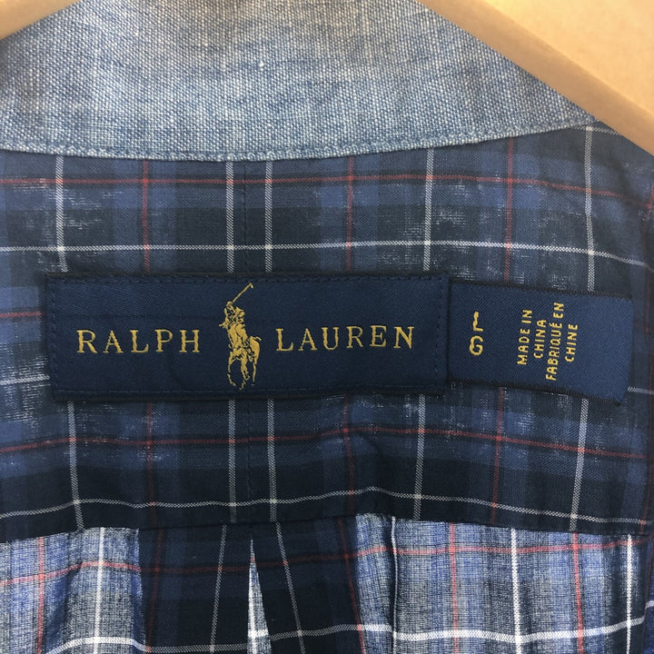 Ralph Lauren short sleeve button down check shirt, men's size L cotton navy blue type Vintage Second Hand