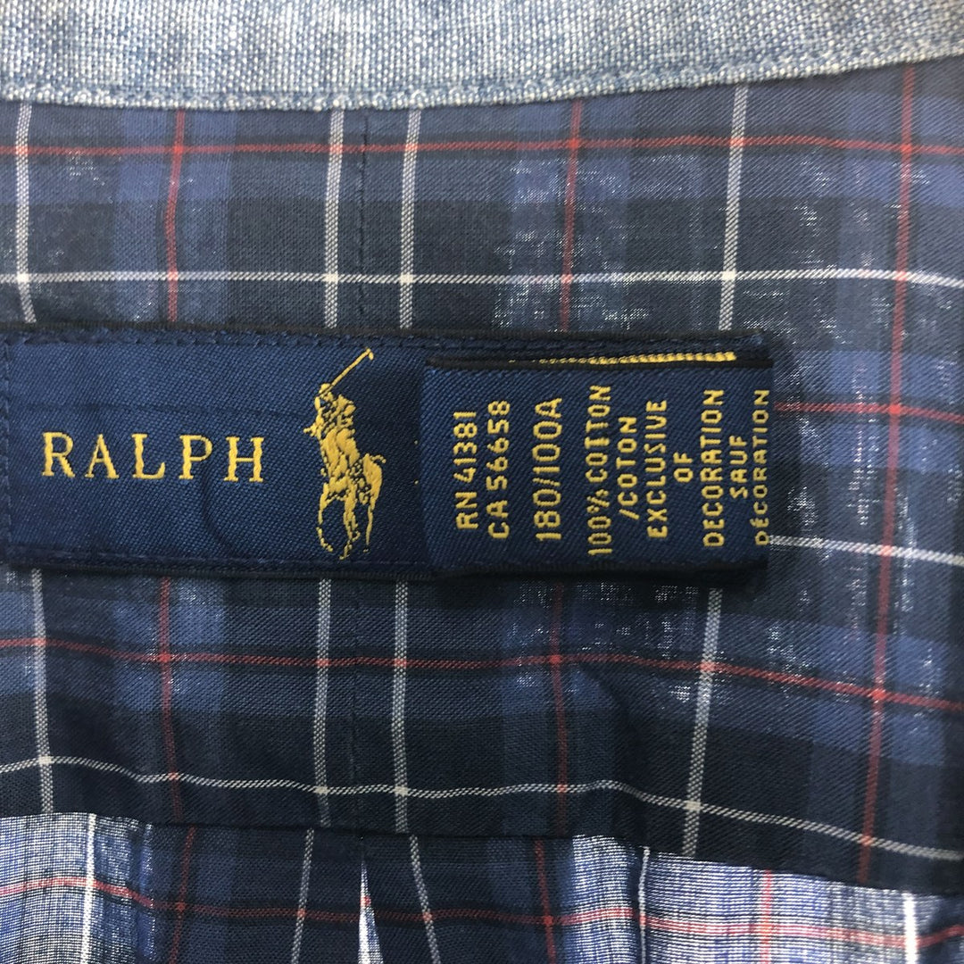 Ralph Lauren short sleeve button down check shirt, men's size L cotton navy blue type Vintage Second Hand