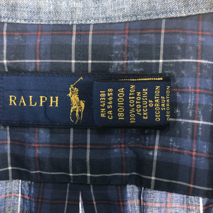 Ralph Lauren short sleeve button down check shirt, men's size L cotton navy blue type Vintage Second Hand