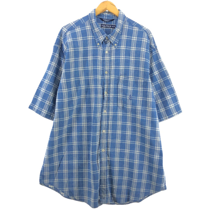 90'S NAUTICA short sleeve linen x cotton button down shirt, men's XL size, vintage linen blue type Vintage Second Hand