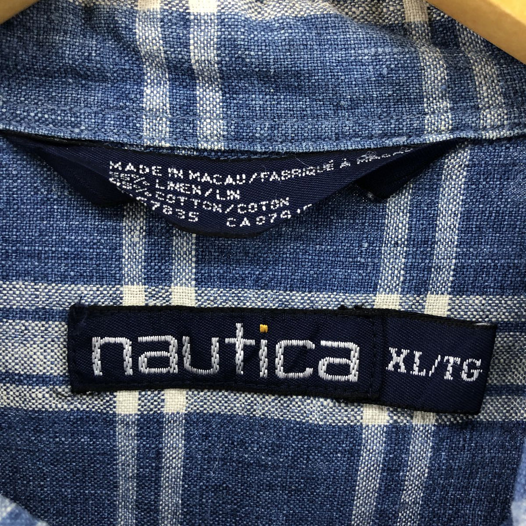 90'S NAUTICA short sleeve linen x cotton button down shirt, men's XL size, vintage linen blue type Vintage Second Hand