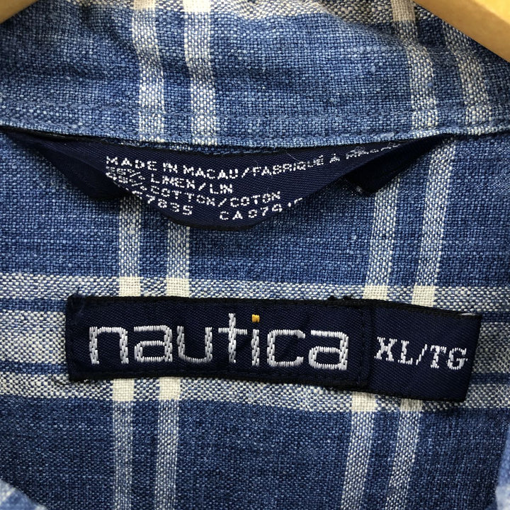 90'S NAUTICA short sleeve linen x cotton button down shirt, men's XL size, vintage linen blue type Vintage Second Hand