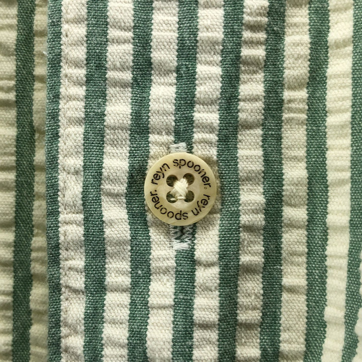 90'S Reyn Spooner Swimsuit Tag Bikini Tag Seersucker Short Sleeve Striped Shirt Men's Size L Vintage cotton green type yellow green Vintage Second Hand