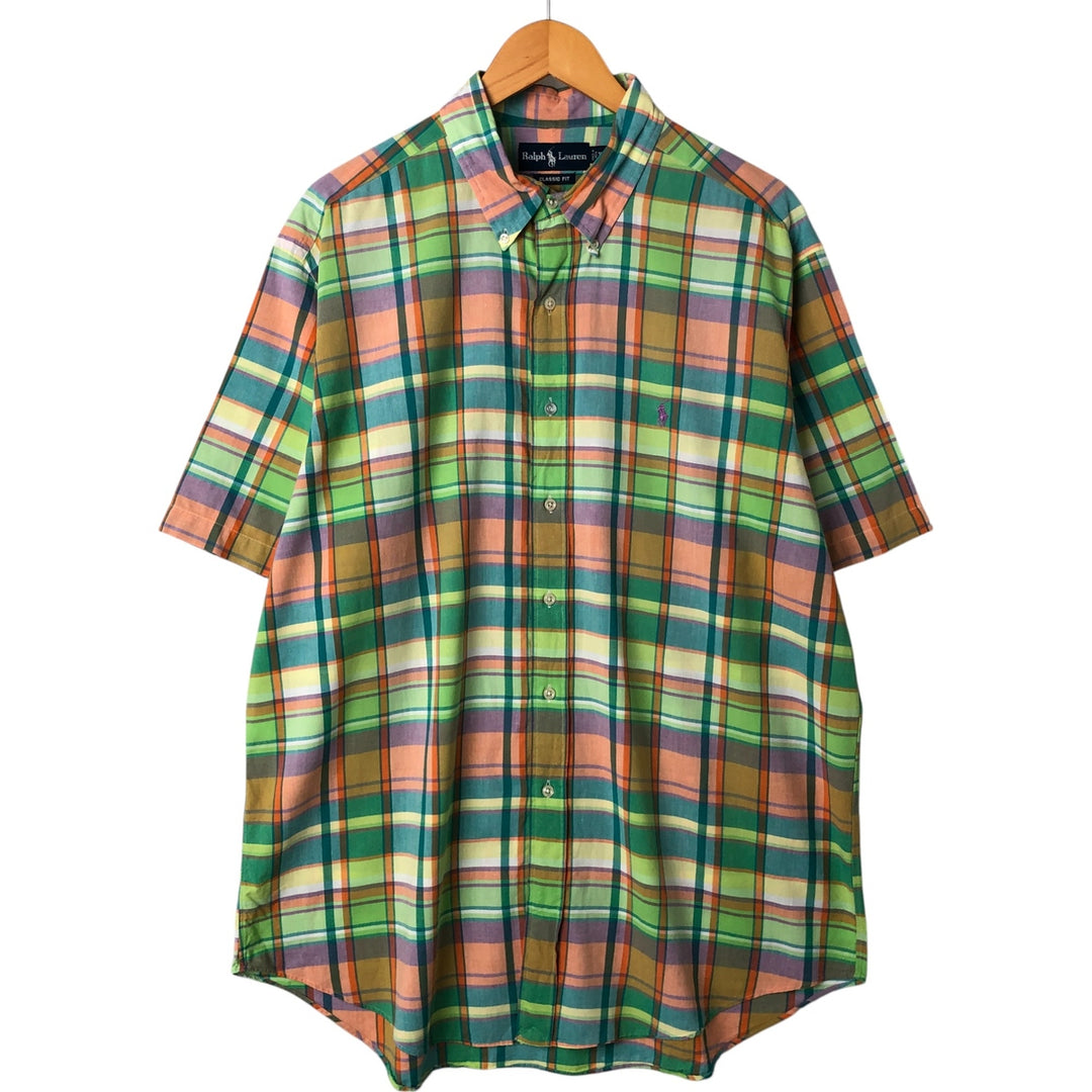 Ralph Lauren Classic Fit Short Sleeve Button Down Check Shirt Men's XL cotton green type yellow green Vintage Second Hand