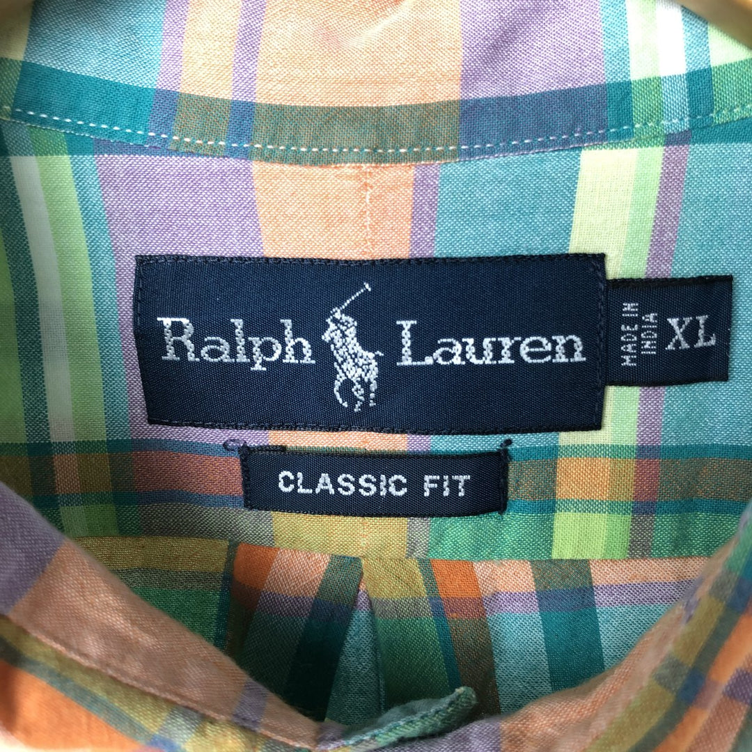 Ralph Lauren Classic Fit Short Sleeve Button Down Check Shirt Men's XL cotton green type yellow green Vintage Second Hand