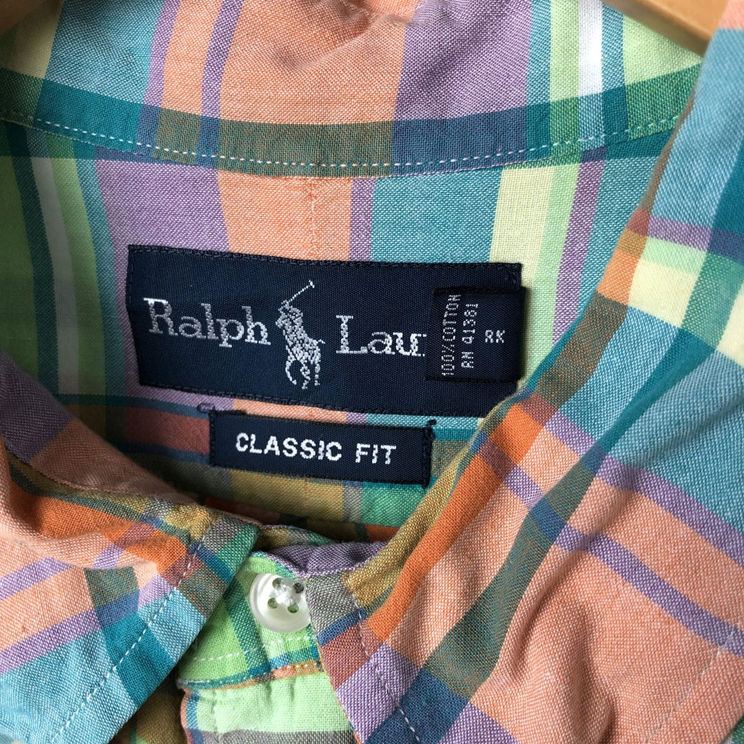 Ralph Lauren Classic Fit Short Sleeve Button Down Check Shirt Men's XL cotton green type yellow green Vintage Second Hand