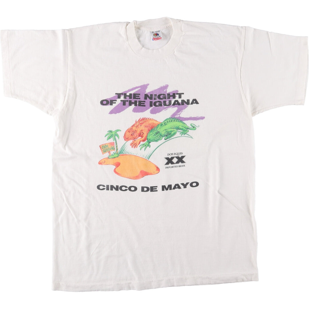 90'S Fruit of the Loom IMPORTED BEER Iguana Pattern Advertising T-shirt Made in USA Men's XL Vintage cotton white type Vintage Second Hand