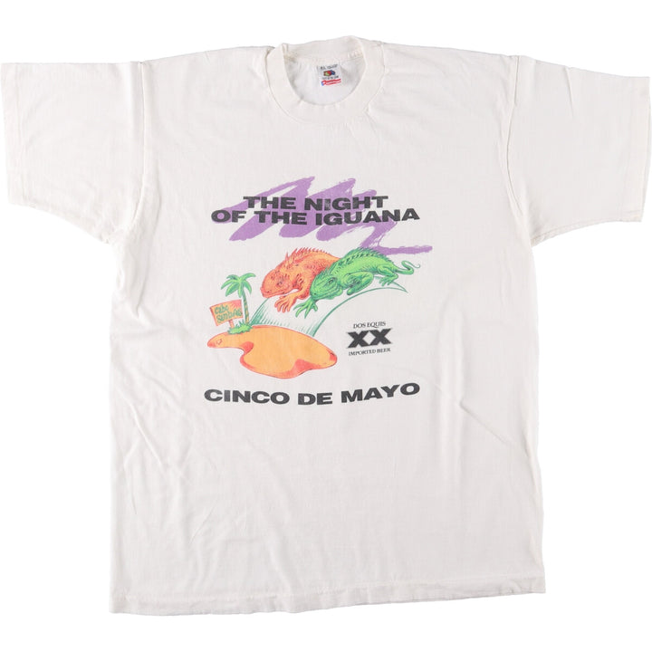90'S Fruit of the Loom IMPORTED BEER Iguana Pattern Advertising T-shirt Made in USA Men's XL Vintage cotton white type Vintage Second Hand