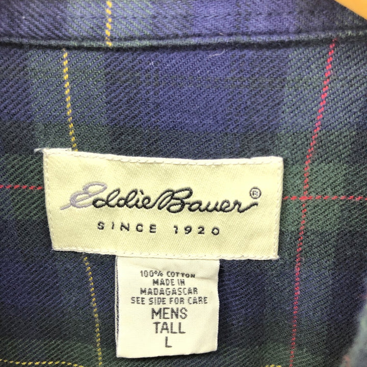 90s~00'S Eddie Bauer Blackwatch Check Long Sleeve Button Down Light Flannel Check Shirt Men's Size L cotton green type Vintage Second Hand
