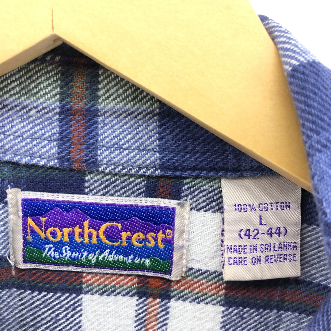 90'S North Crest Long Sleeve Flannel Check Shirt, Men's Size L, Vintage cotton blue type Vintage Second Hand