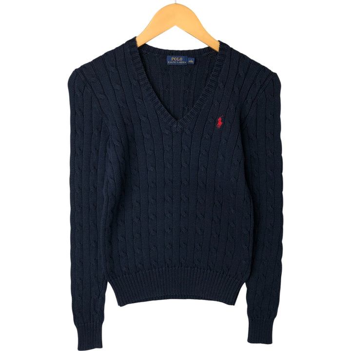 Ralph Lauren POLO RALPH LAUREN Cable knit V-neck cotton knit sweater Women's size S cotton navy blue type Vintage Second Hand