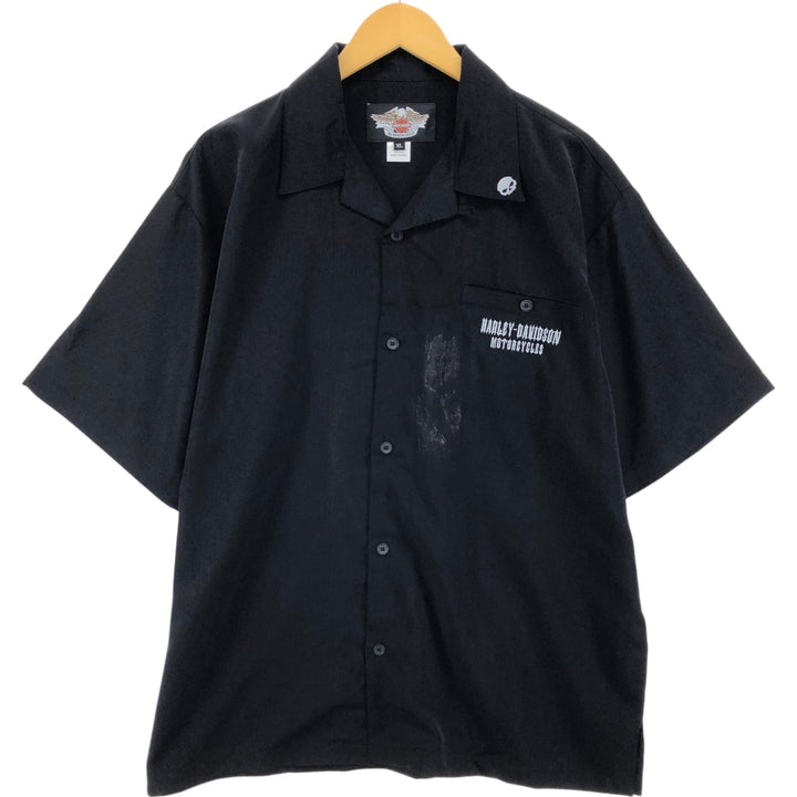 Harley Davidson Skull Pattern Fire Pattern Open Collar Short Sleeve Work Shirt Box Shirt Men's XL polyester black type Vintage Second Hand