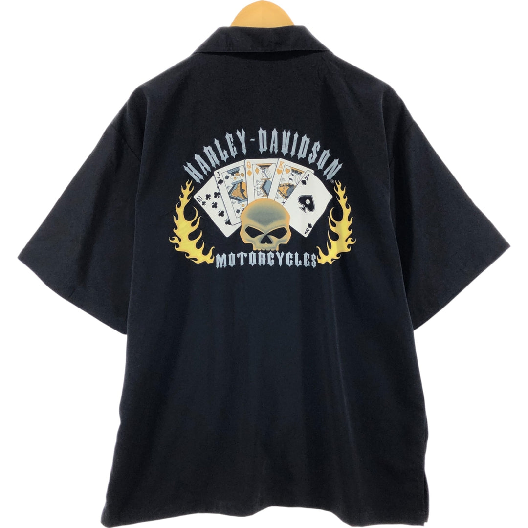 Harley Davidson Skull Pattern Fire Pattern Open Collar Short Sleeve Work Shirt Box Shirt Men's XL polyester black type Vintage Second Hand