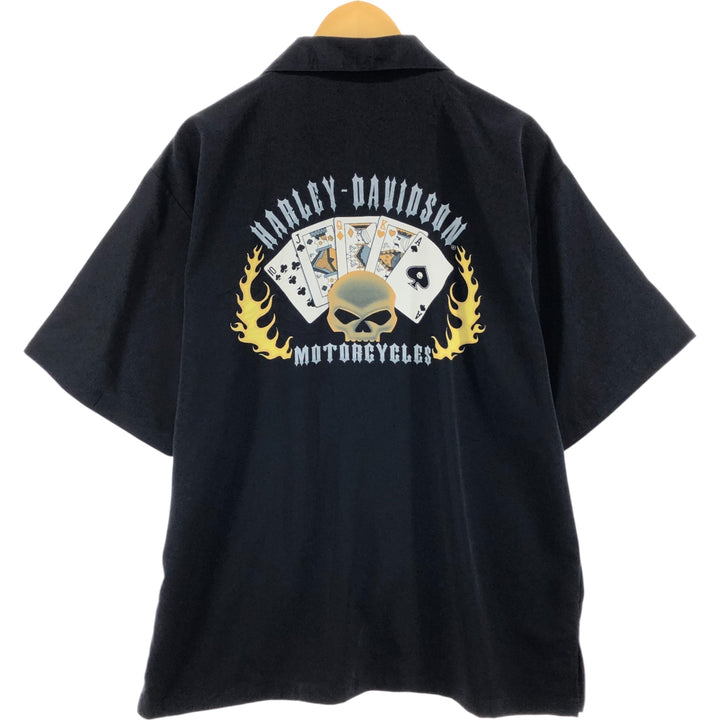 Harley Davidson Skull Pattern Fire Pattern Open Collar Short Sleeve Work Shirt Box Shirt Men's XL polyester black type Vintage Second Hand