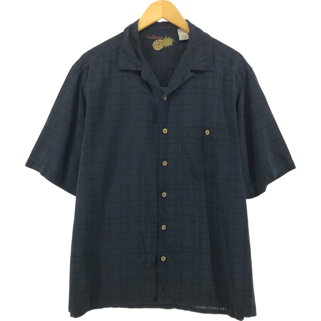 Carib bean Check Pattern Short Sleeve Open Collar Silk Shirt Men's L Size Box Shirt silk black type Vintage Second Hand