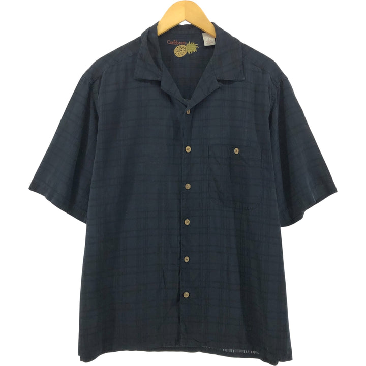 Carib bean Check Pattern Short Sleeve Open Collar Silk Shirt Men's L Size Box Shirt silk black type Vintage Second Hand