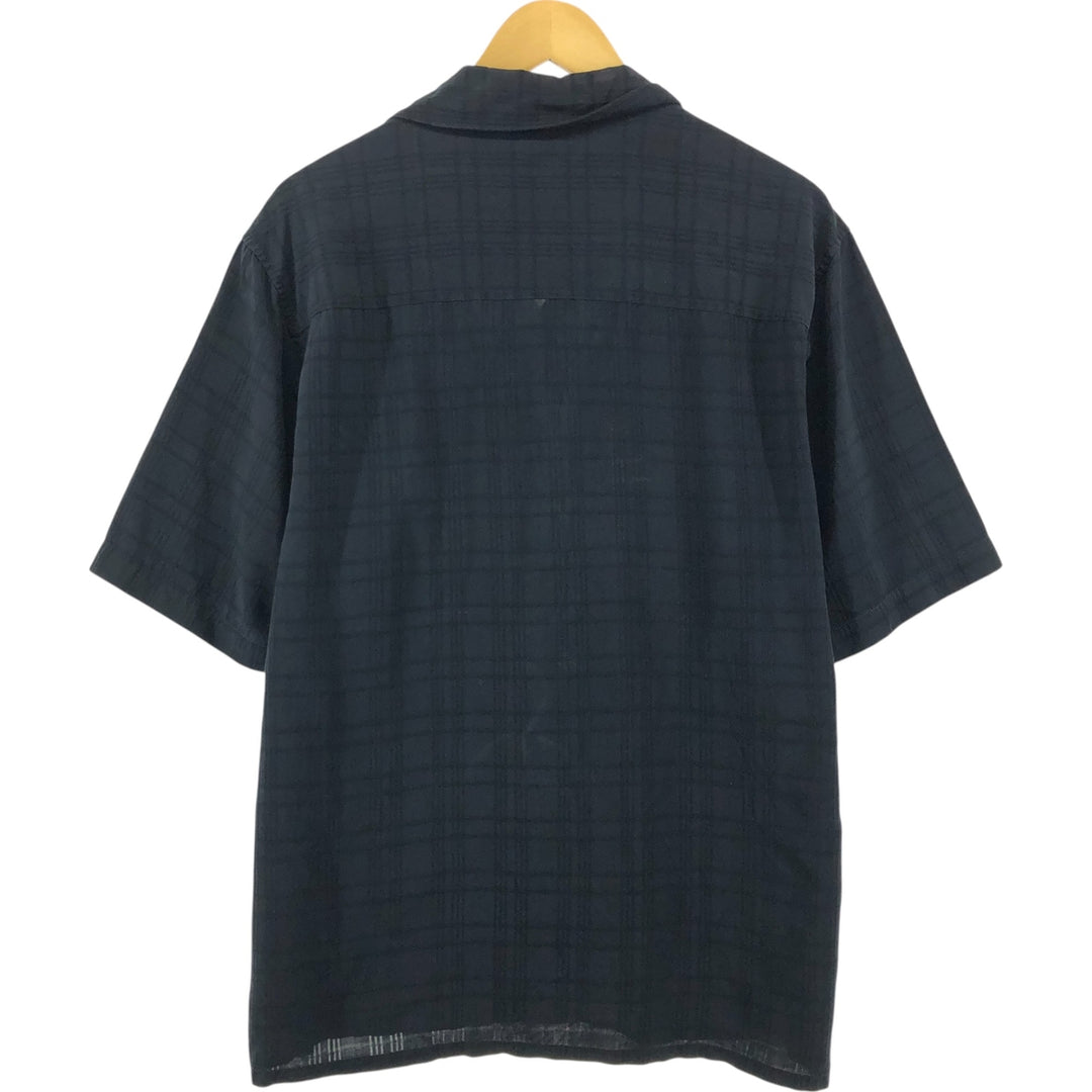 Carib bean Check Pattern Short Sleeve Open Collar Silk Shirt Men's L Size Box Shirt silk black type Vintage Second Hand