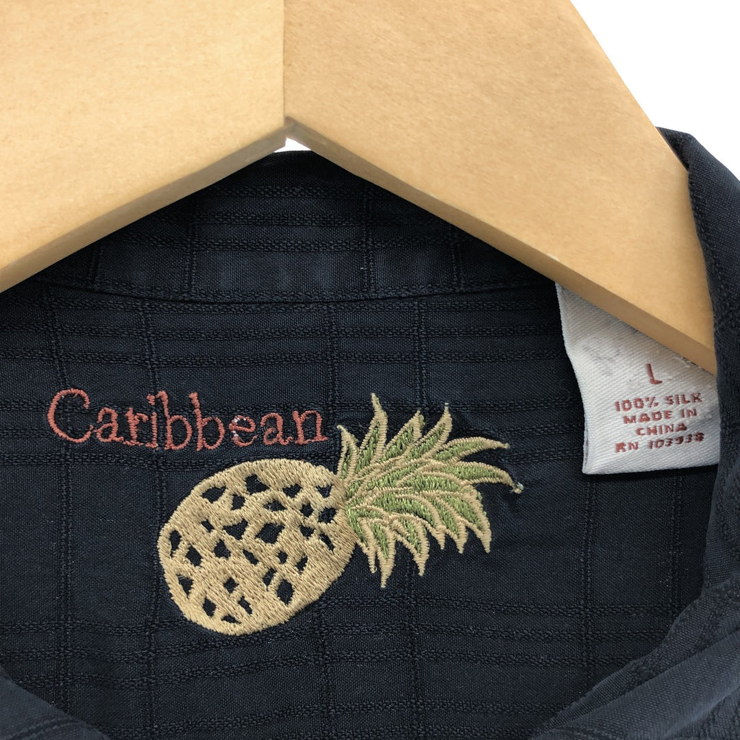 Carib bean Check Pattern Short Sleeve Open Collar Silk Shirt Men's L Size Box Shirt silk black type Vintage Second Hand