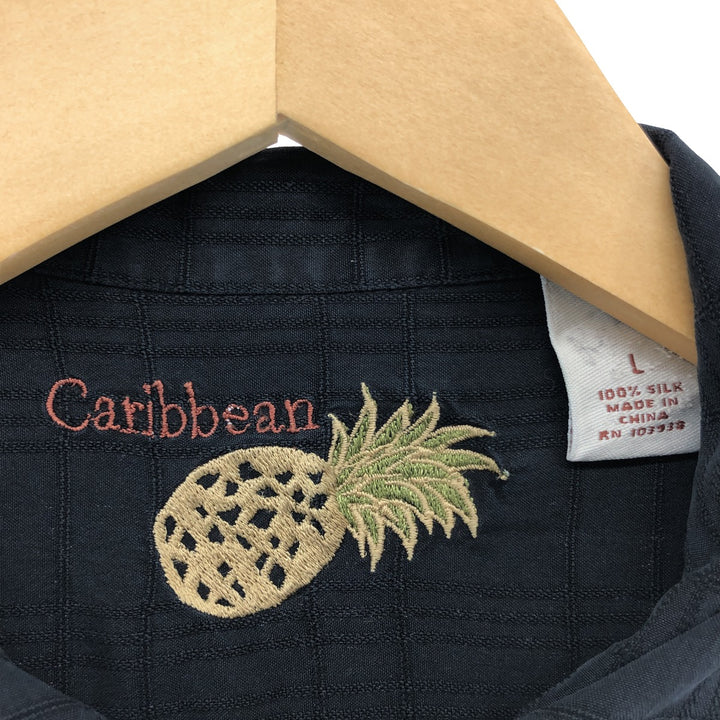Carib bean Check Pattern Short Sleeve Open Collar Silk Shirt Men's L Size Box Shirt silk black type Vintage Second Hand