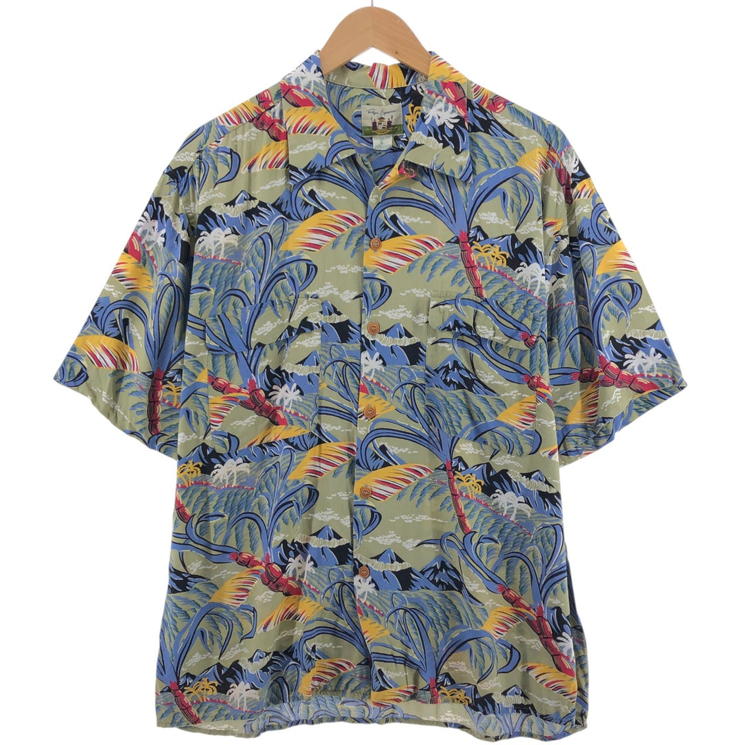 ~90'S Reyn Spooner all-over palm tree pattern open collar rayon Hawaiian aloha shirt box shirt men's size L Rayon Khaki type Vintage Second Hand