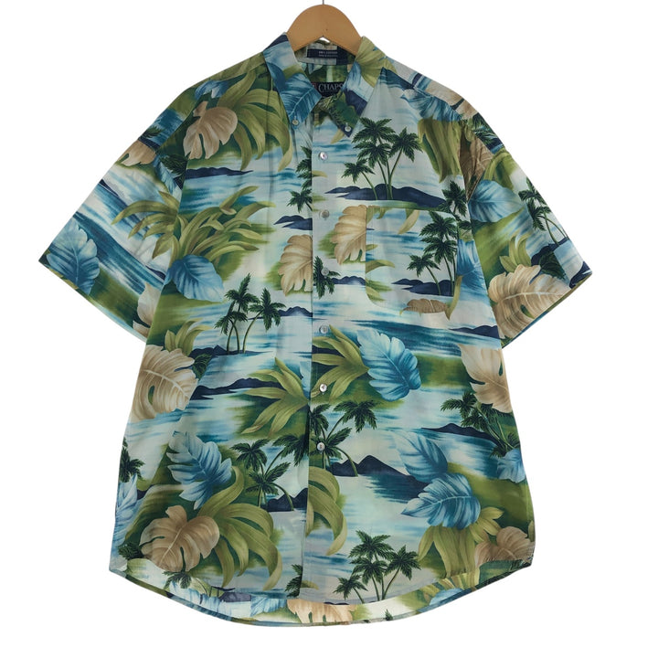 90'S Ralph Lauren Chaps, Leaf Pattern, Palm Tree Pattern, Button-down Hawaiian Aloha Shirt, Men's Size L cotton Blue type light blue Vintage Second Hand