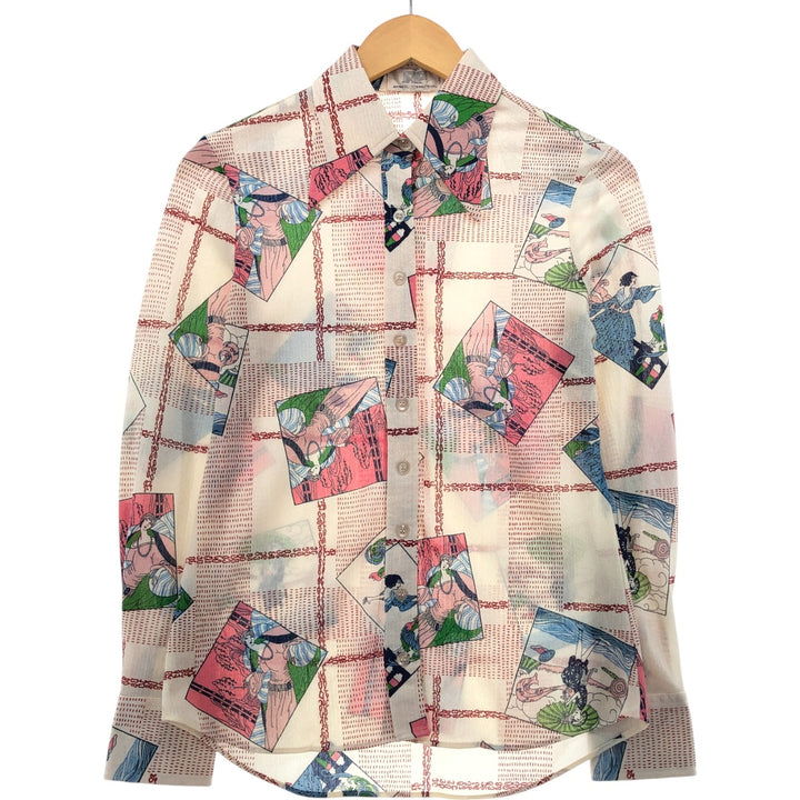 70'S APPAREL INTERNATIONAL all-over print long sleeve shirt, women's size S, vintage unclear ivory Vintage Second Hand