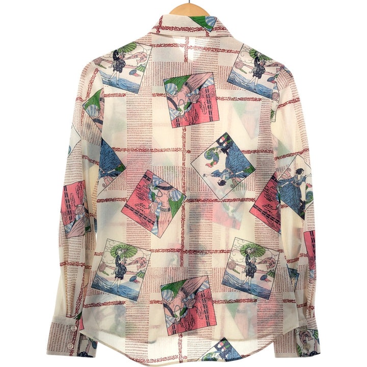 70'S APPAREL INTERNATIONAL all-over print long sleeve shirt, women's size S, vintage unclear ivory Vintage Second Hand