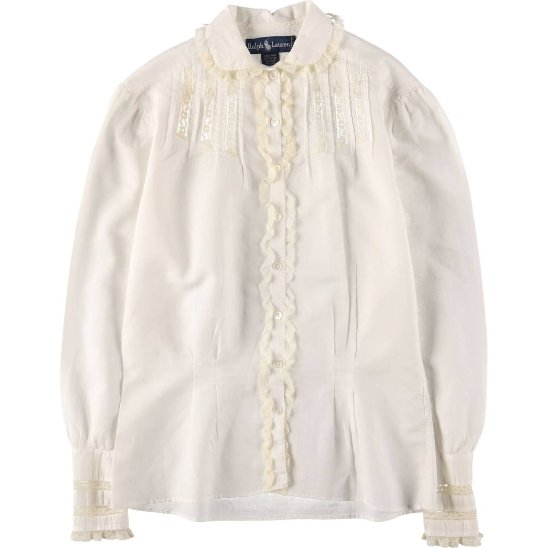 Ralph Lauren round collar long sleeve ruffle blouse for women size M linen white type Vintage Second Hand
