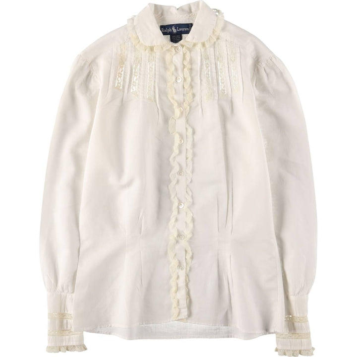 Ralph Lauren round collar long sleeve ruffle blouse for women size M linen white type Vintage Second Hand
