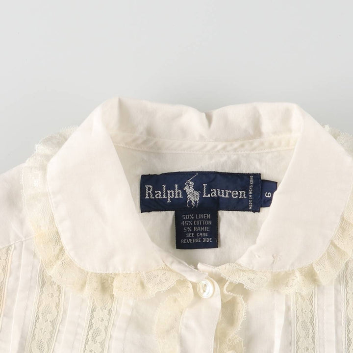 Ralph Lauren round collar long sleeve ruffle blouse for women size M linen white type Vintage Second Hand