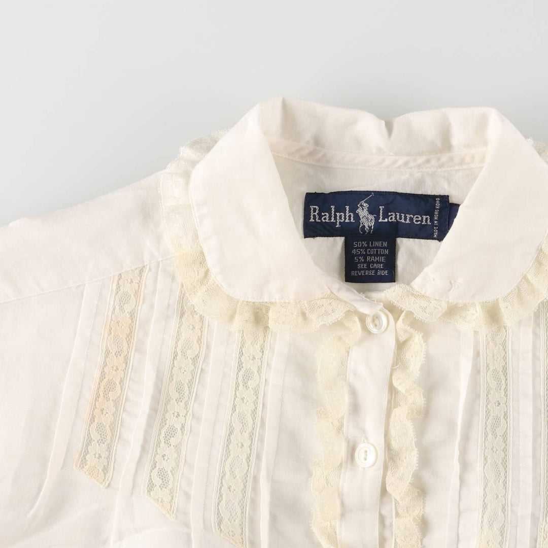 Ralph Lauren round collar long sleeve ruffle blouse for women size M linen white type Vintage Second Hand