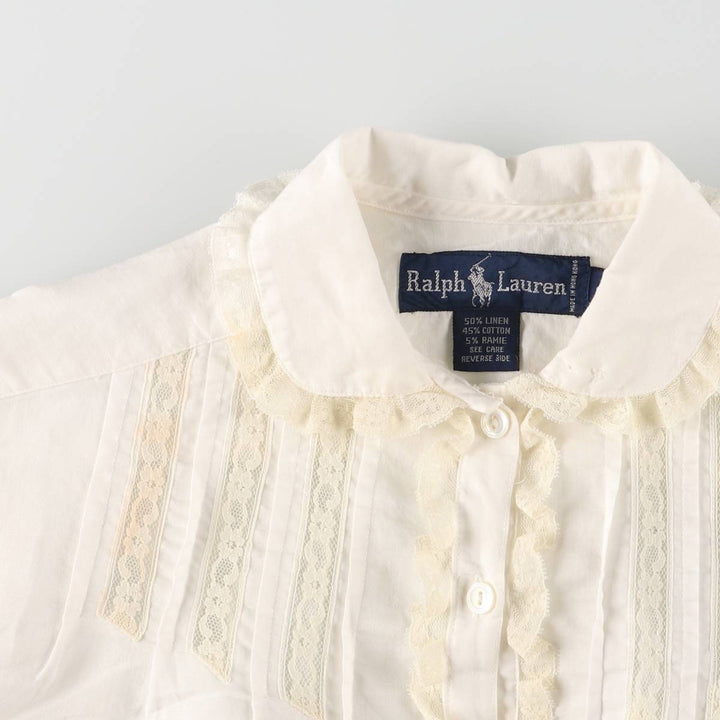 Ralph Lauren round collar long sleeve ruffle blouse for women size M linen white type Vintage Second Hand