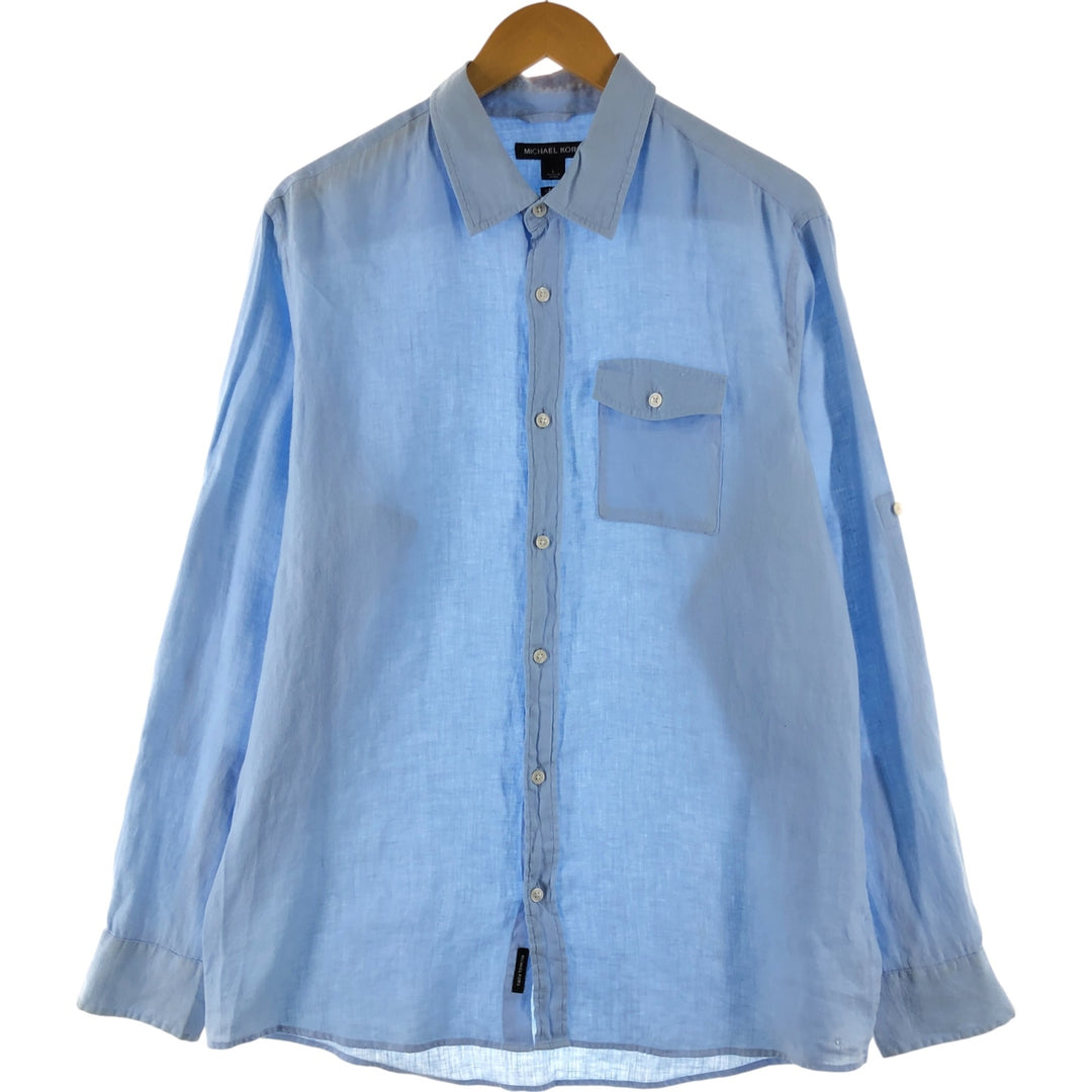 Michael Kors TAILORED FIT long sleeve linen shirt, men's size L linen Blue type light blue Vintage Second Hand