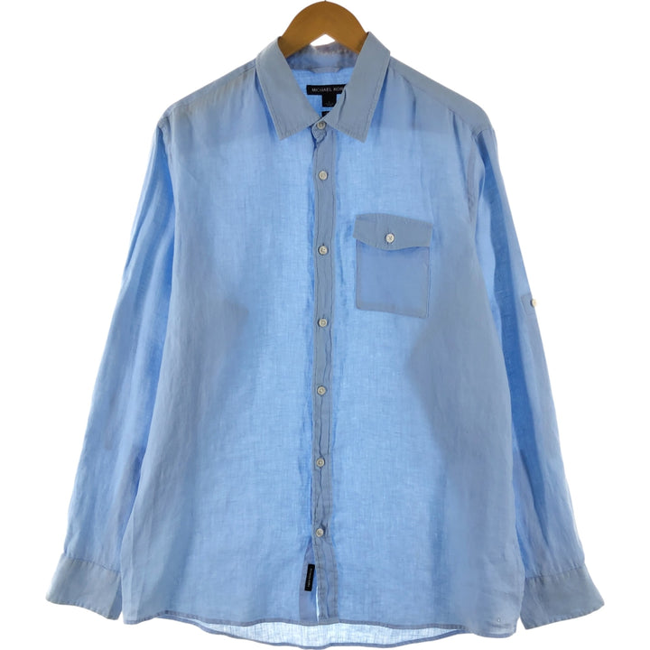 Michael Kors TAILORED FIT long sleeve linen shirt, men's size L linen Blue type light blue Vintage Second Hand