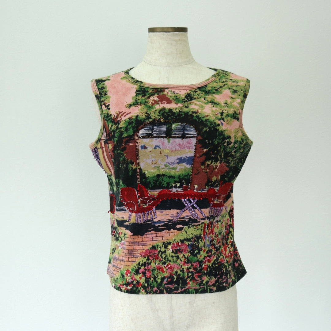TAKE TWO All-Over Print Sequined and Beaded Cropped Tank Top, Women's Size Medium cotton pink type Vintage Second Hand