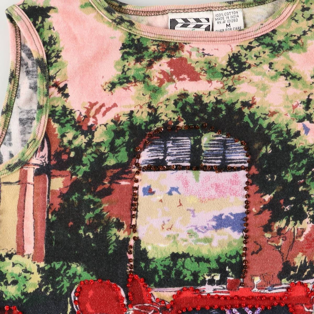 TAKE TWO All-Over Print Sequined and Beaded Cropped Tank Top, Women's Size Medium cotton pink type Vintage Second Hand