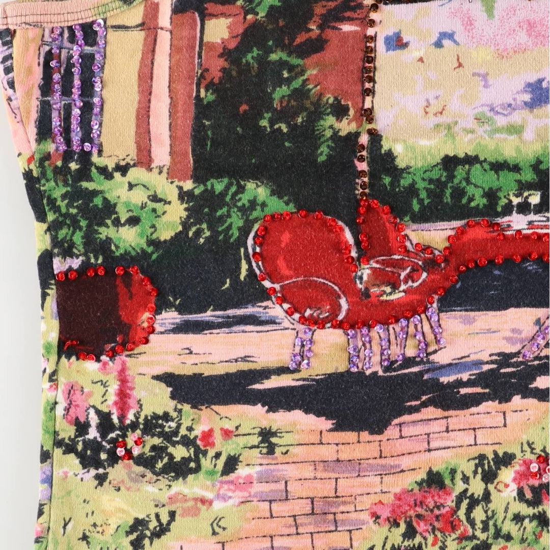 TAKE TWO All-Over Print Sequined and Beaded Cropped Tank Top, Women's Size Medium cotton pink type Vintage Second Hand