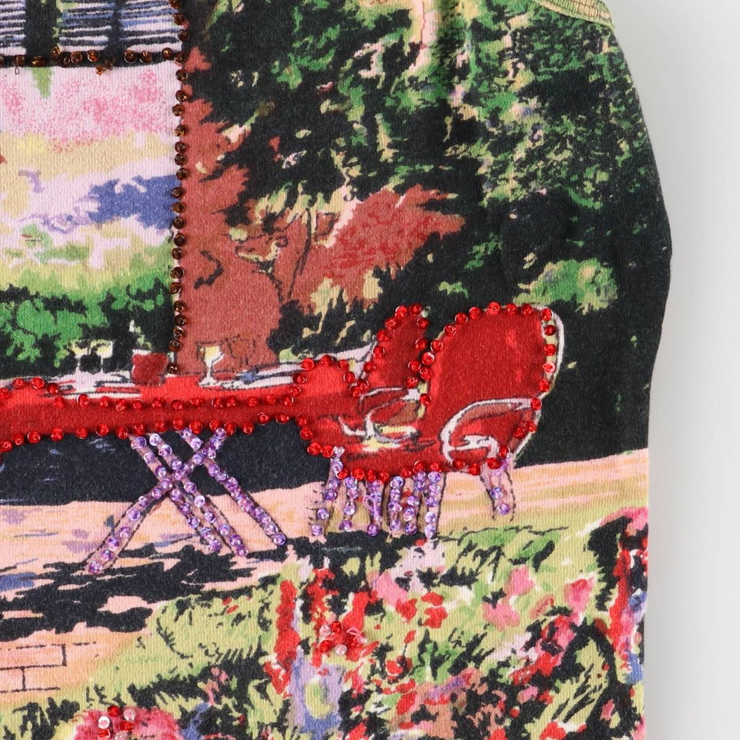 TAKE TWO All-Over Print Sequined and Beaded Cropped Tank Top, Women's Size Medium cotton pink type Vintage Second Hand